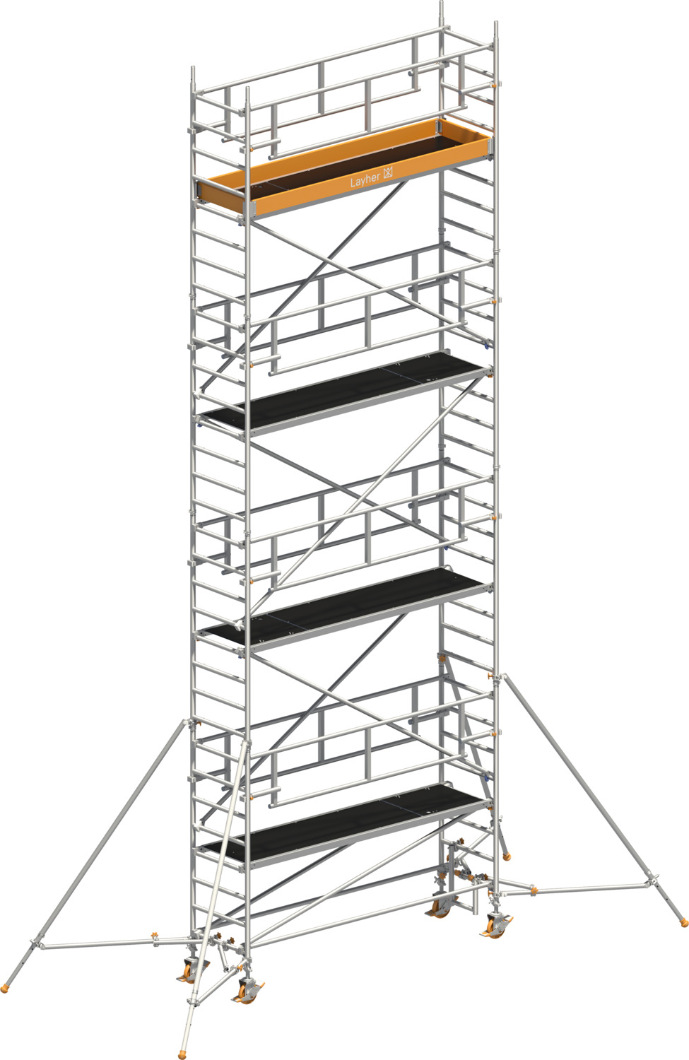 Layher Fahrgerüst Uni Standard P2 SAFETY PLUS mit Doppelgeländer und Gerüststützen Typ: 1421127 | SH: 7,2 m / AH: 9,20 m