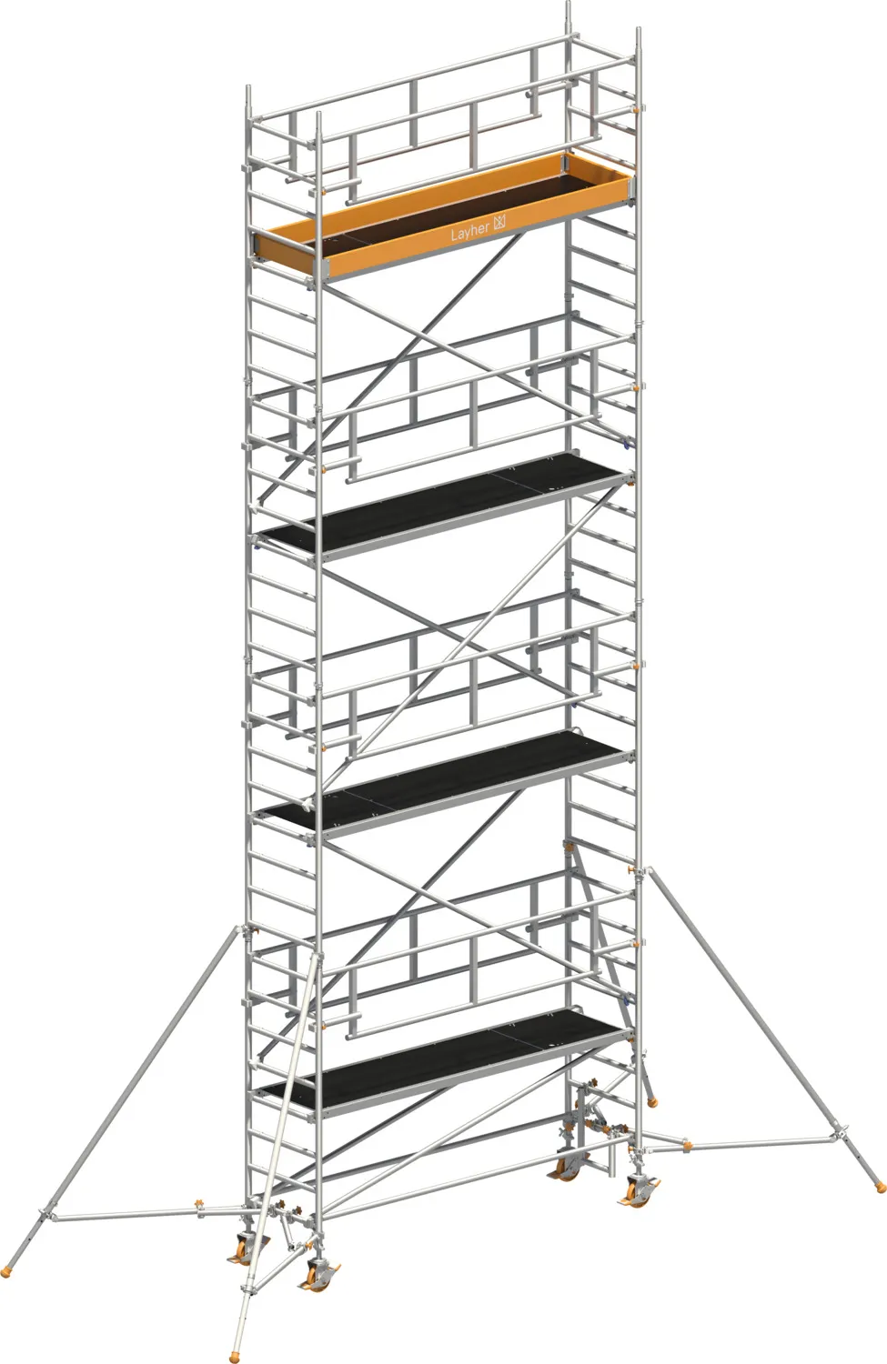 Layher Fahrgerüst Uni Standard P2 SAFETY PLUS mit Doppelgeländer und Gerüststützen Typ: 1421127 | SH: 7,2 m / AH: 9,20 m