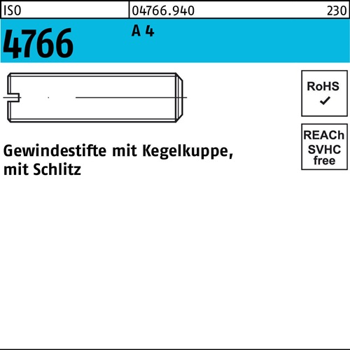 Gewindestift ISO 4766 Kegelkuppe/Schlitz M8x 20 A 4 25 Stück
