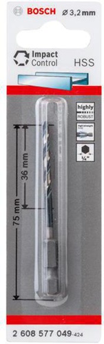 Bosch Spiralbohrer Arbeits-L.36mm D.3,2mm L.75mm HSS Schaft-D.6,35mm