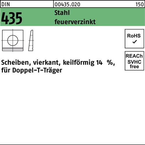 I-Scheibe DIN 435 vierkant keilförmig 13,5 Stahl feuerverz. Neigung 14% 100St.