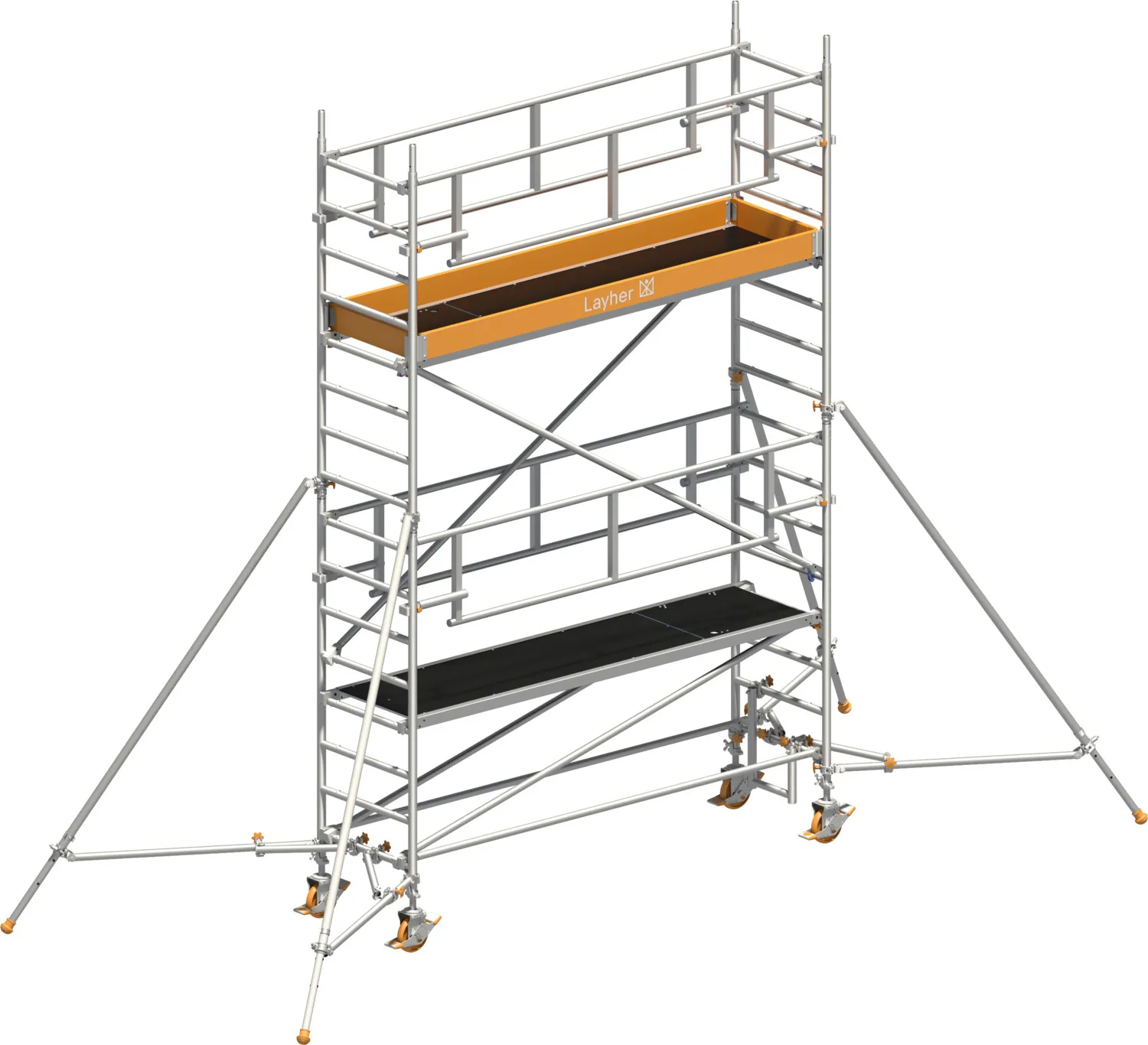 Layher Fahrgerüst Uni Standard P2 SAFETY PLUS mit Doppelgeländer und Gerüststützen Typ: 1421123 | SH: 3,2 m / AH: 5,20 m