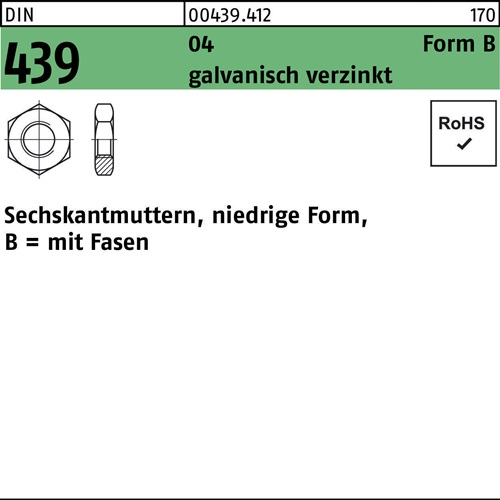 Sechskantmutter DIN 439/ISO 4035 FormB BM 33 Automatenstahl galv.verz. 10St.