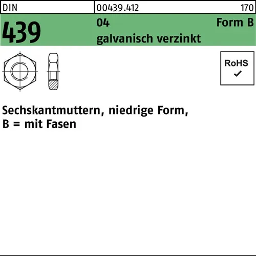 Sechskantmutter DIN 439/ISO 4035 FormB BM 42 Automatenstahl galv.verz. 10St.