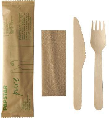 PAPSTAR Besteckset pure 88229 Holz Papierbeutel 50 St./Pack.