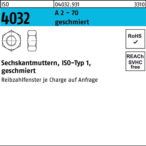 Sechskantmutter ISO 4032 M16 A 2 - 70 geschmiert 50 Stück