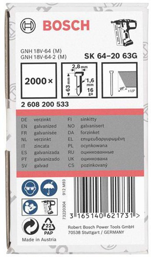 Bosch Senkkopfstift SK64-20 G 2000-tlg.LxBxD.63x2,8x1,35mm verzinkt Drahtmaß 1,6mm
