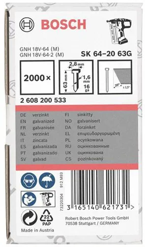 Bosch Senkkopfstift SK64-20 G 2000-tlg.LxBxD.63x2,8x1,35mm verzinkt Drahtmaß 1,6mm