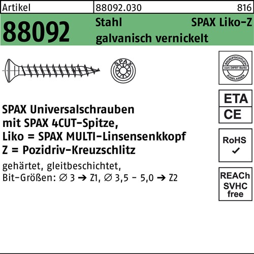 Schraube R 88092 LIKO/PZ 3,5x20/15-Z Stahl galv. vernickelt 1000St. SPAX