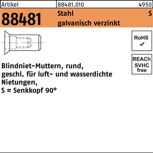 Blindnietmutter R 88481 SEKO M4 /1,5 -3,5 Stahl galv.verz. 500 Stück