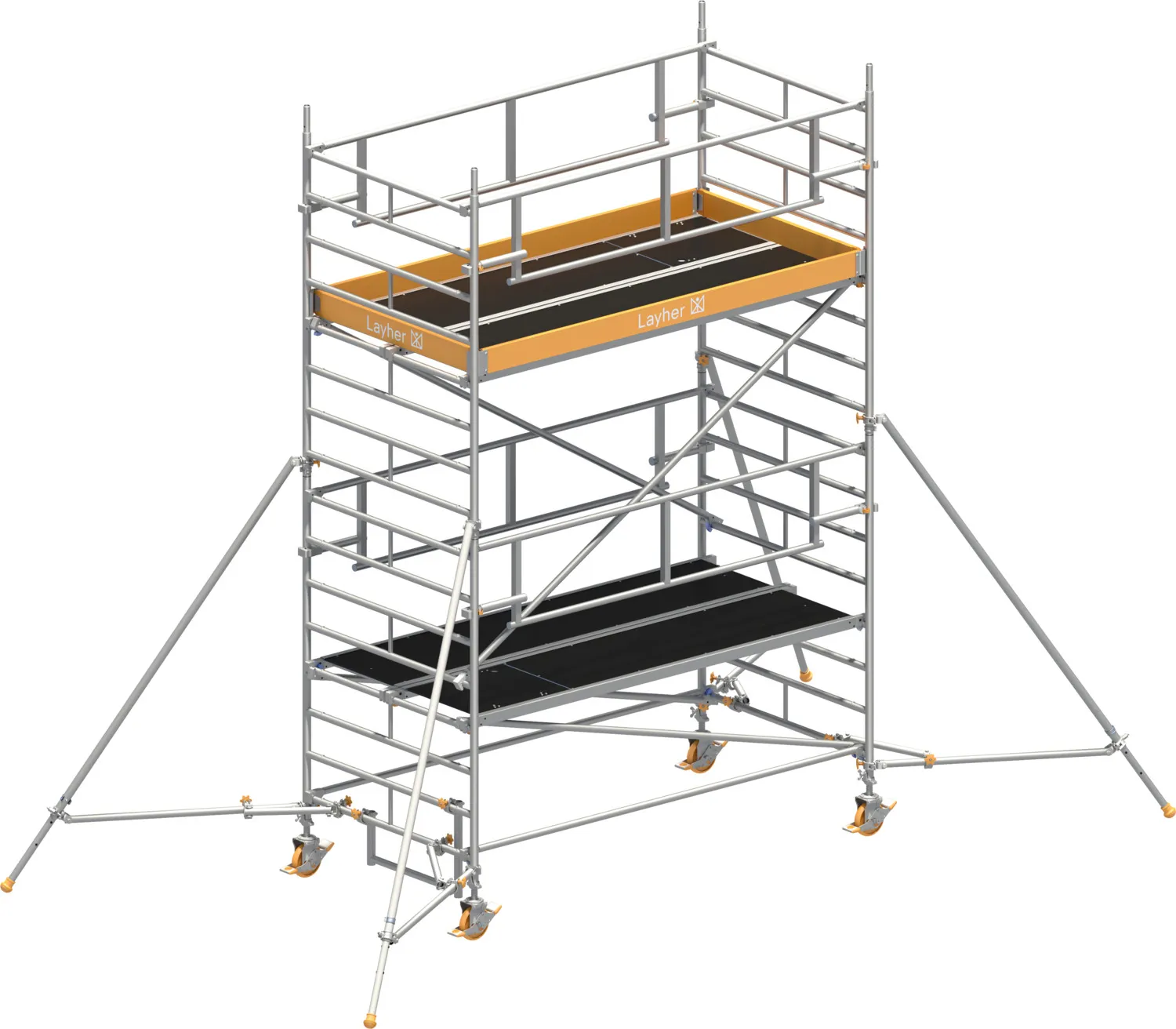 Layher Fahrgerüst Uni Breit P2 SAFETY PLUS mit Doppelgeländer und Gerüststützen Typ: 1422123 | SH: 3,2 m / AH: 5,20 m