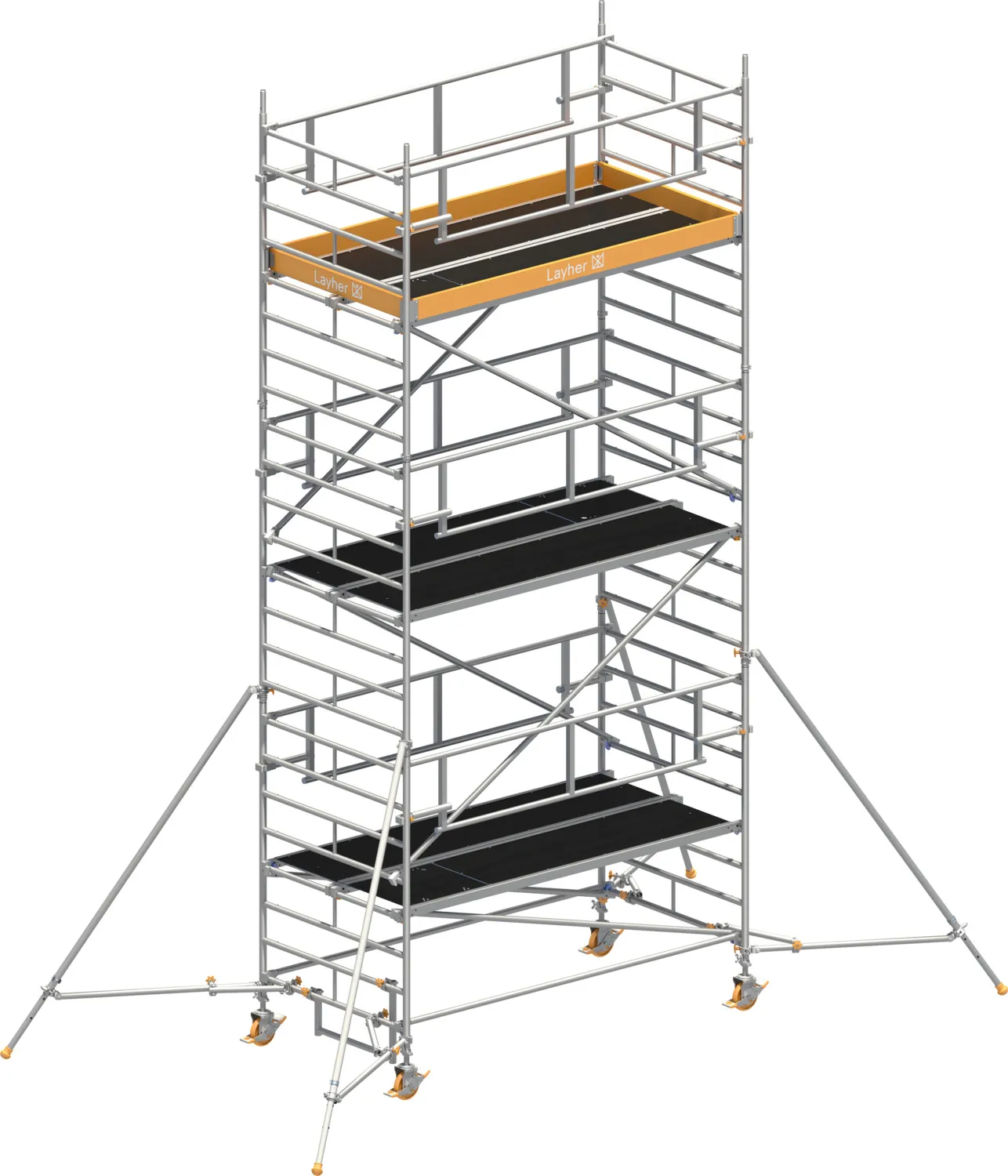 Layher Fahrgerüst Uni Breit P2 SAFETY PLUS mit Doppelgeländer und Gerüststützen Typ: 1422125 | SH: 5,2 m / AH: 7,20 m