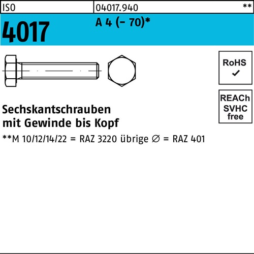 Sechskantschraube ISO 4017 VG M 10 x 140 A 4 (- 70) 25 Stück