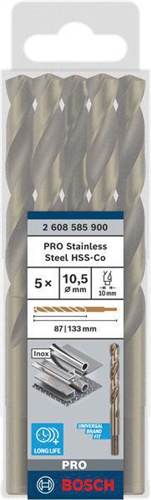 Bosch Metallbohrer PRO Stainless Steel Arbeits-L.87mm D.10,5mm L.133mm 5St.