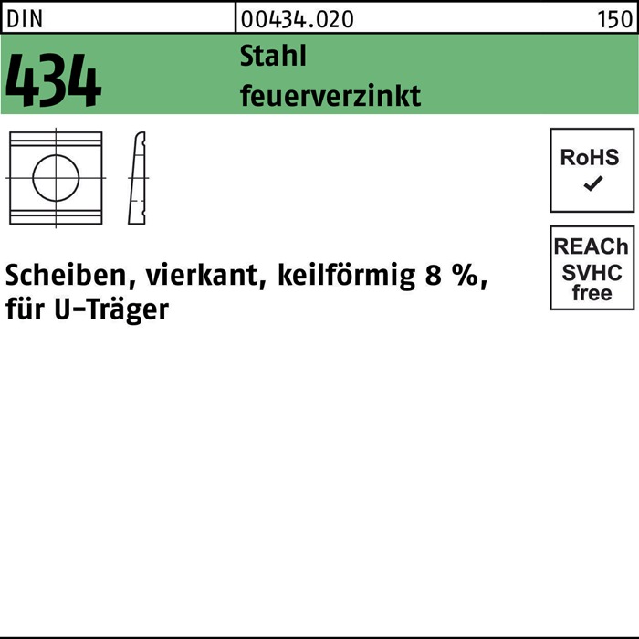 U-Scheibe DIN 434 vierkant keilförmig 33 Stahl feuerverz. Neigung 8% 50 Stück