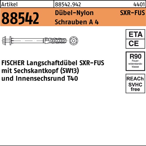 Rahmendübel R 88542 SXR 10x 80 FUS Schrauben A 4/Dübel-Nylon 50 Stück FISCHER