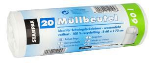 PAPSTAR Müllbeutel 12104 72x60cm 60l LDPE weiß 20 St./Pack.