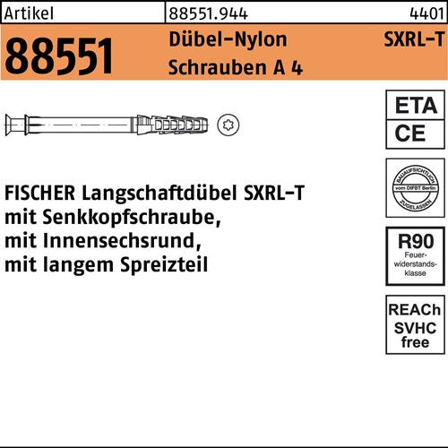 Langschaftdübel R 88551 SXRL 10x140 T Schrauben A 4/Dübel-Nylon 50Stück FISCHER