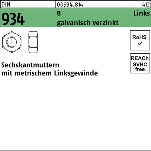 Sechskantmutter DIN 934 links M8 -LH 8 galv.verz. 100 Stück
