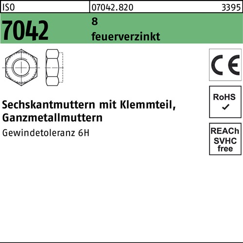 Sechskantmutter ISO 7042 Klemmteil M6 8 feuerverz. 100 Stück