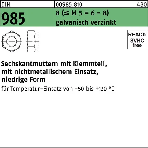Sechskantmutter DIN 985 Klemmteil M10 8 (=M 5 = 6/8 ) galv.verz. 100St.
