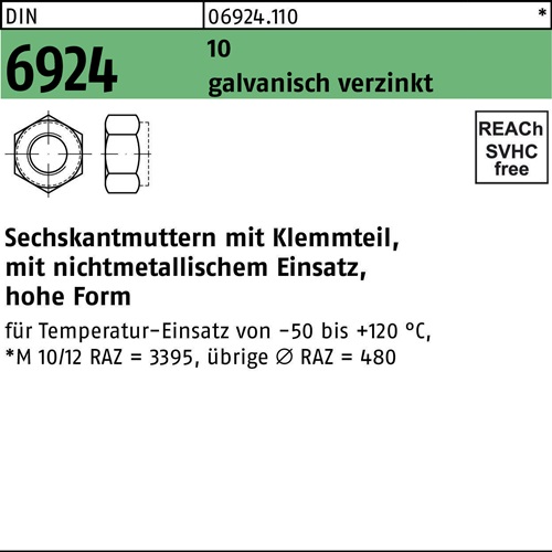 Sechskantmutter DIN 6924 Klemmteil M16 10 galv.verz. 50 Stück
