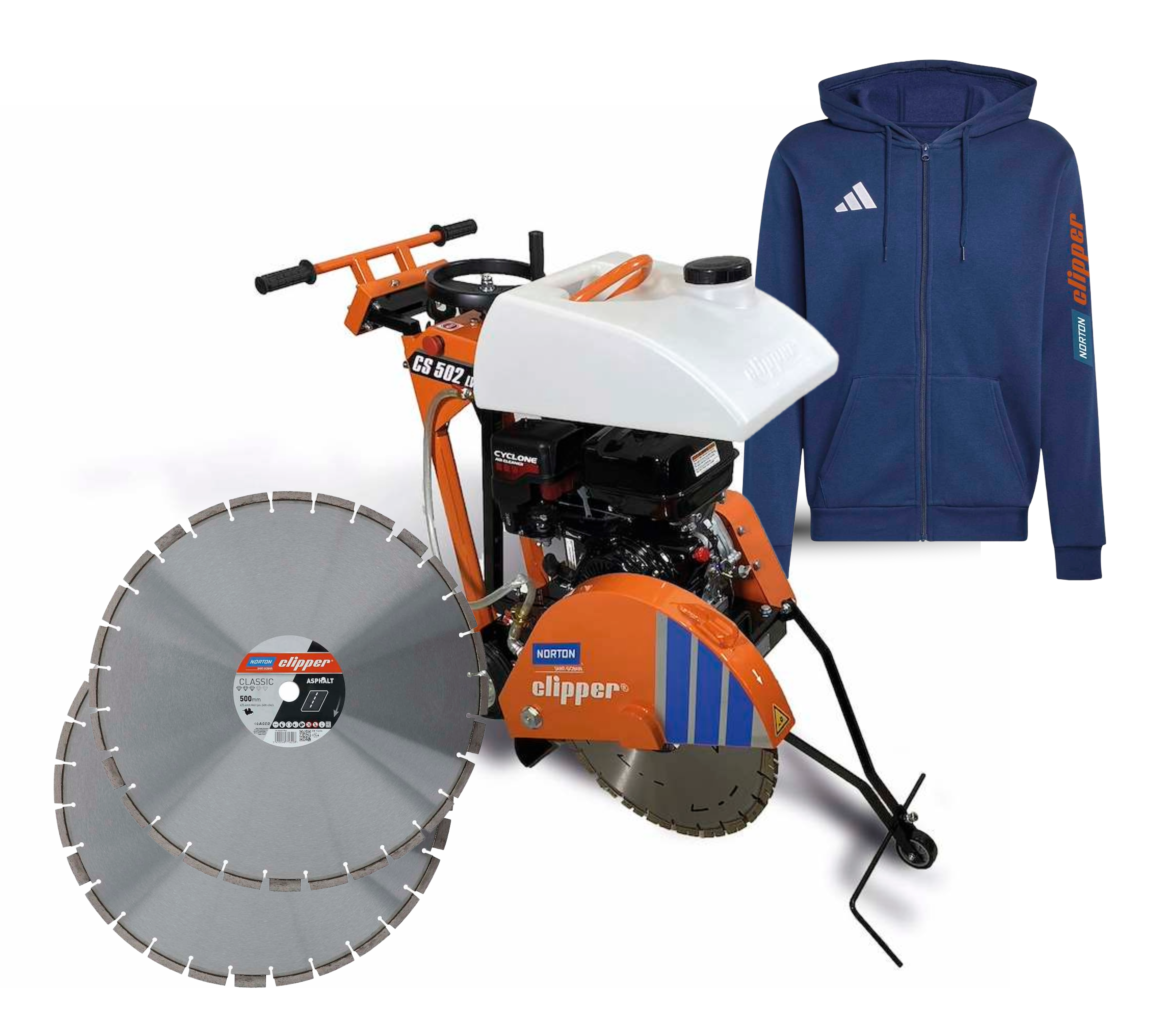 Norton Clipper Fugenschneider CS 502 P13 +2x Classic Asphalt Diamantscheibe Ø500 + 1x Adidas Zip-Hoodie
