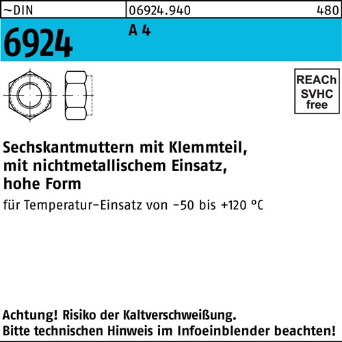 Sechskantmutter DIN 6924 Klemmteil M5 A 4 100 Stück