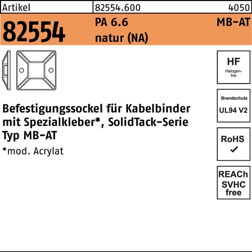 Befestigungssockel R 82554 4,1 - 19x19 PA 6.6 natur 100St. HELLERMANNTYTON
