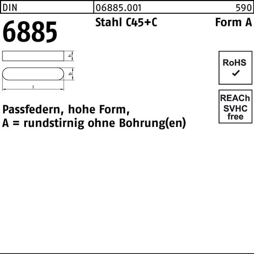 Passfeder DIN 6885 FormA rundstirnig/o.Bohrung A 2x 2x 12 Stahl C45+C 100St.
