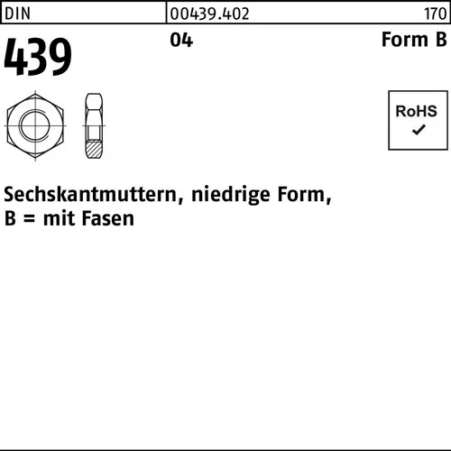 Sechskantmutter DIN 439/ISO 4035 FormB BM 10 Automatenstahl 100 Stück