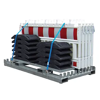 Schake SET mit 10 Absperrschrankengitter und 11 Fußplatten auf Lager- und Transporttraverse