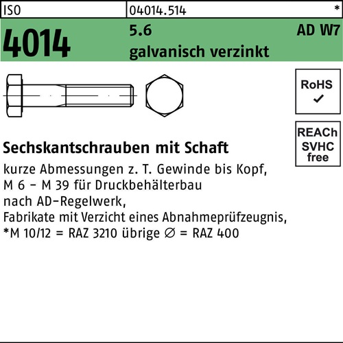 Sechskantschraube ISO 4014 Schaft M12x 110 5.6 W7 galv.verz. 50St.