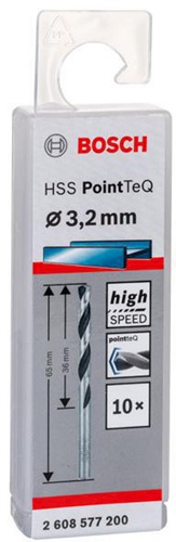 Bosch Metallspiralbohrer PointTeQ DIN388 Arbeits-L.36mm D.3,2mm Typ N 10St.