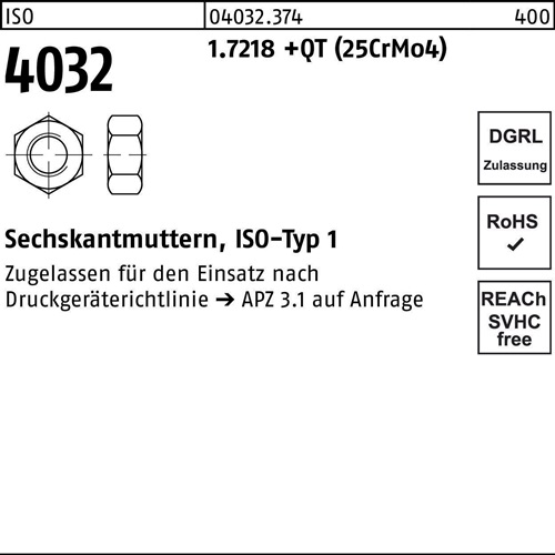 Sechskantmutter ISO 4032 M12 1.7218 +QT (25CrMo4) 100 Stück