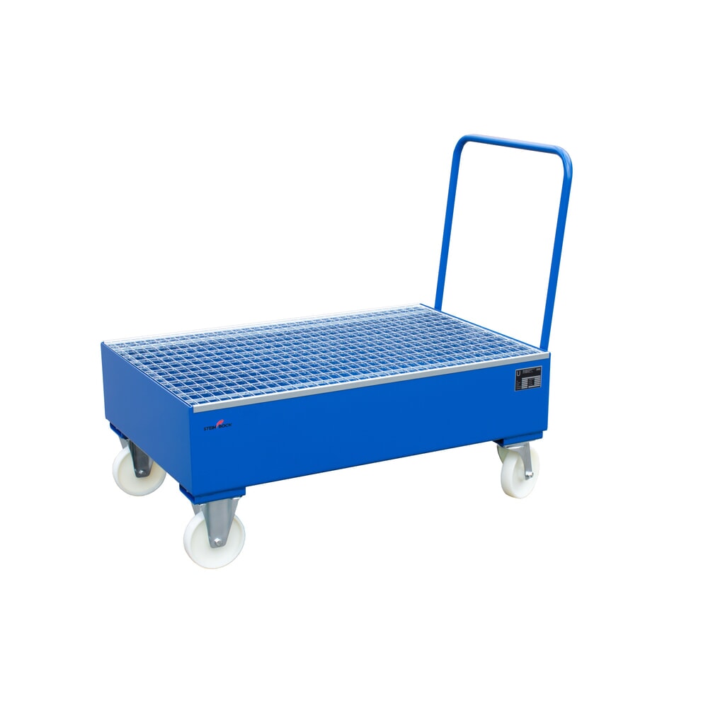 Steinbock® Auffangwanne aus Stahl für 200-Liter-Fässer, verfahrbar, blau