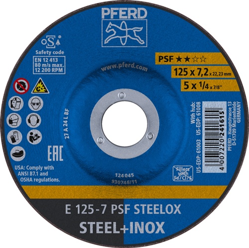 Schruppscheibe D125xS7,2mm gekr. PSF STEELOX Bohr.22,23mm PFERD