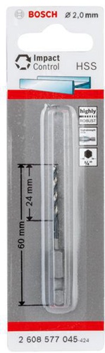 Bosch Spiralbohrer Arbeits-L.24mm D.2mm L.60mm HSS Schaft-D.6,35mm