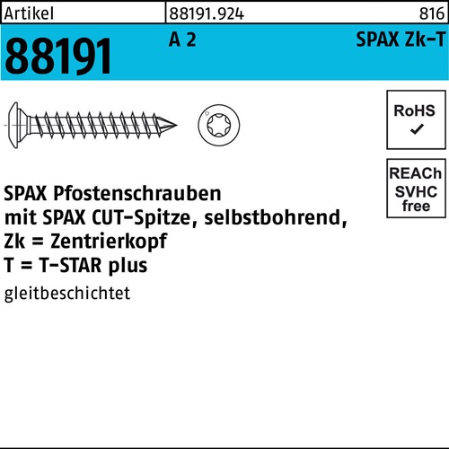 Pfostenschraube R 88191 Selbstbohrend 8x 50/45-T40 A 2 50 Stück SPAX