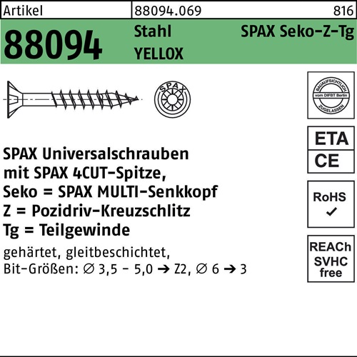 Schraube R 88094 SEKO Spitze/PZ 4x40/22-Z Stahl galv.verz. gelb 1000St. SPAX