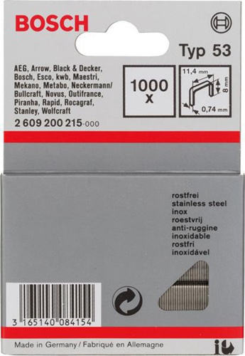 Bosch Feindrahtklammer Typ 53 BxL 11,4x8mm Dicke 0,74mm 1000er Pack rostfrei 