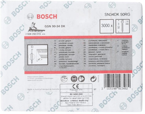 Bosch Streifennagel SN34DK 50RG 3000-tlg.Schaft-D.2,8mm L.50mm D-Kopf verzinkt gerillt