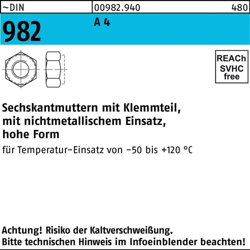 Sechskantmutter DIN 982 Klemmteil M5 A 4 100 Stück