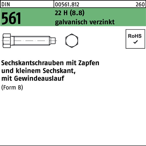 Sechskantschraube DIN 561 m.Zapfen BM 24 x 90 22 H (8.8)galv.verz. 10 Stück