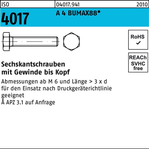 Sechskantschraube ISO 4017 VG M24x 50 A 4 BUMAX88 10 Stück BUFAB