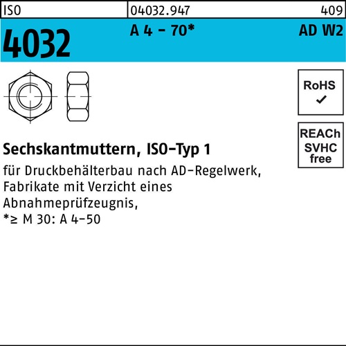 Sechskantmutter ISO 4032 M12 A 4 - 70 AD-W2 100 Stück