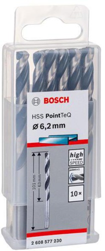 Bosch Metallspiralbohrer PointTeQ DIN388 Arbeits-L.63mm D.6,2mm Typ N 10St.