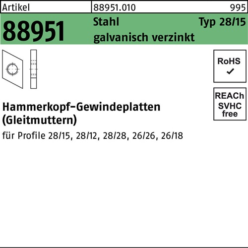 Hammerkopfgewindeplatte R 88951 Typ 28/15 M6 Stahl galv.verz. 100Stück