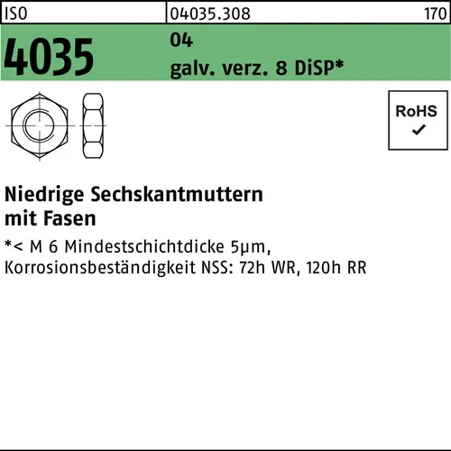 Sechskantmutter ISO 4035 niedrig Fasen M6 Automatenstahl galv.verz. 8 DiSP 100St