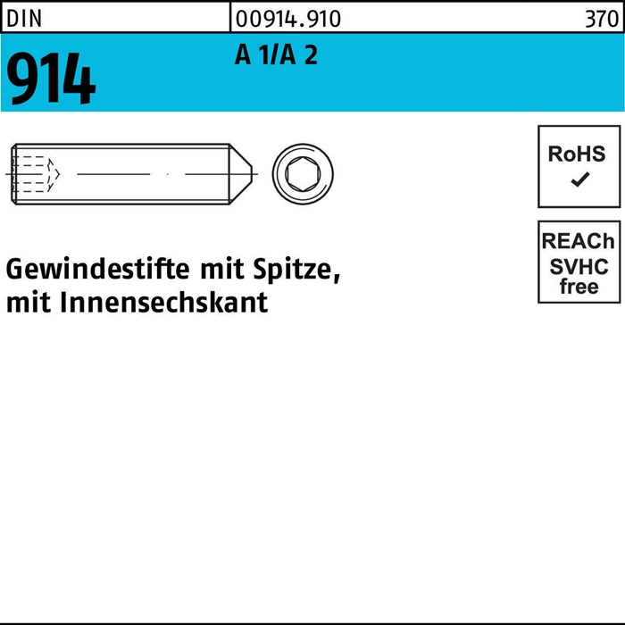 Gewindestift DIN 914 Spitze/Innen-6kt M5x 12 A1/A2 500 Stück